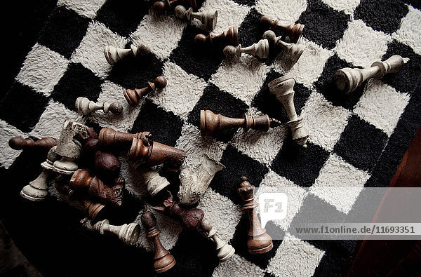 Game pieces on furry chess board