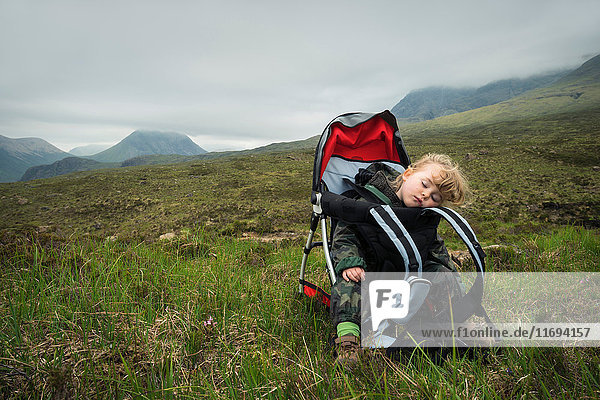 Toddler girl sleeping in carrier