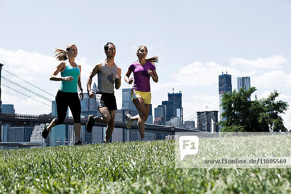 Drei Personen joggen im Park