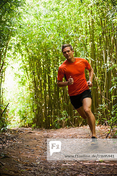 Mann joggt auf Straße im Bambuswald