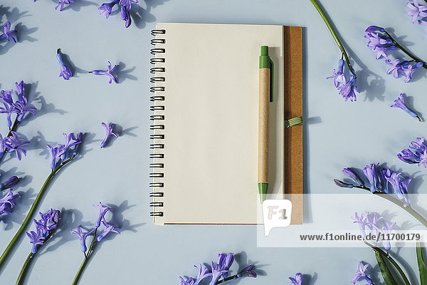 Notizbuch mit Stift und Frühlingsblumen auf hellblauem Hintergrund