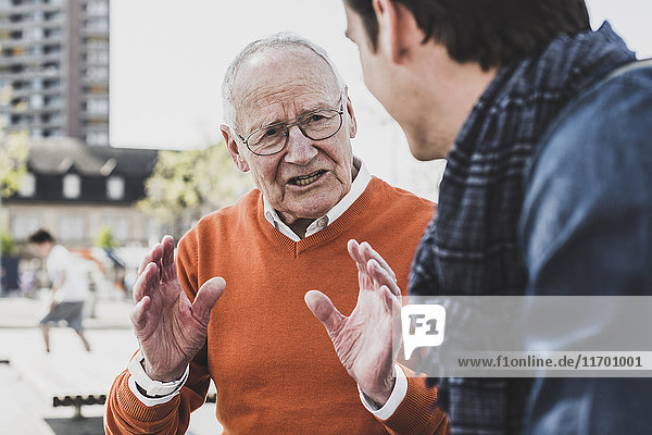 Senior Mann im Gespräch mit erwachsenem Enkel im Freien