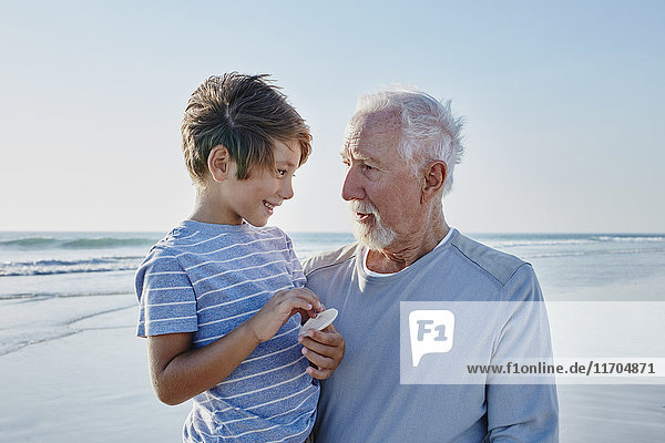 Großvater mit Enkel am Strand