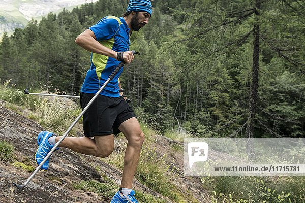 Italy  Alagna  trail runner on the move over rocks in forest