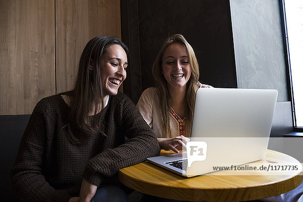 Two happy friends sitting in a coffee shop looking at laptop
