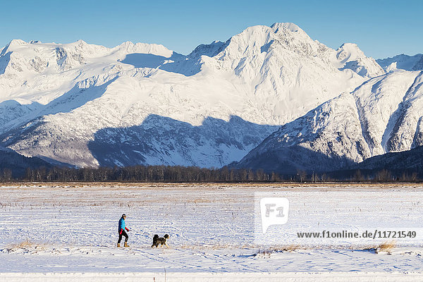Wanderer mit Hund im Portage Valley in der Nähe des Seward Highway  Southcentral Alaska  USA