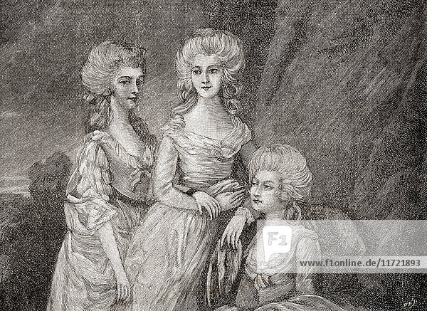 Die drei ältesten Töchter von König Georg III. Von links nach rechts: Charlotte  Prinzessin Royal  1766 -1828. Sie war als Ehefrau von König Friedrich Königin von Württemberg; Prinzessin Augusta Sophia des Vereinigten Königreichs  1768 - 1840 und Prinzessin Elizabeth des Vereinigten Königreichs  1770 - 1840. Aus The Strand Magazine  Band I  Januar bis Juni 1891'.