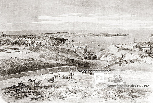Eine Ansicht von Saint Peter Port  der Hauptstadt von Guernsey  Kanalinseln  in der Mitte des 19. Jahrhunderts. Aus L'Univers Illustre  veröffentlicht im Juni 1863
