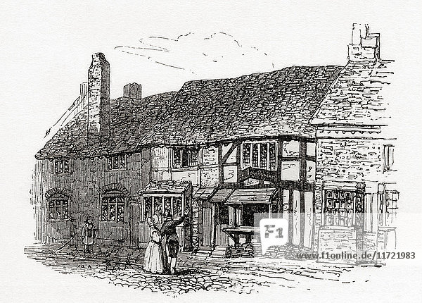 Shakespeares Geburtshaus  Fachwerkhaus aus dem 16. Jahrhundert  Henley Street  Stratford-upon-Avon  Warwickshire  England. William Shakespeare  1564 - 1616. Englischer Dichter  Dramatiker und Schauspieler. Aus Howitt's Visits to Remarkable Places  veröffentlicht 1890.
