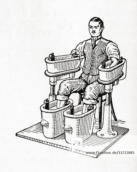 A 19th century Galvanic bath or Schnee Four Cell Bath. An alternative medical treatment  a type of electrotherapy  used for treating rheumatism and painful joints  with a bath for each limb. Each bath had its own current. There was no danger of electric shock as the porcelain tubs were not connected to water pipes and were well insulated from earthing. From Meyers Lexicon  published 1927.