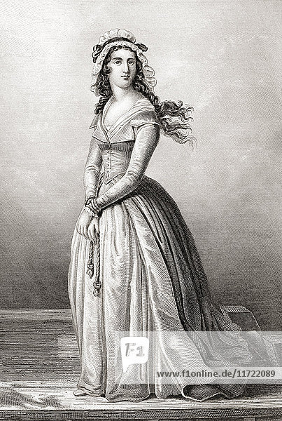 Marie-Anne Charlotte de Corday d'Armont  1768 - 1793  auch bekannt als Charlotte Corday. Figur der Französischen Revolution  die für die Ermordung von Jean-Paul Marat auf die Guillotine geschickt wurde. Aus der Galerie Historique de la Révolution Française  veröffentlicht um 1869.