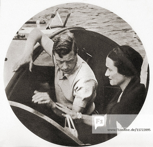 King Edward VIII and his future wife Mrs. Simpson on a shore excursion during their Mediterranean cruise of 1936. Edward VIII  1894 – 1972. King of the United Kingdom and the Dominions of the British Empire  and Emperor of India  from 20 January 1936 until his abdication on 11 December the same year. Wallis Simpson  later the Duchess of Windsor  born Bessie Wallis Warfield  1896 – 1986. American socialite.