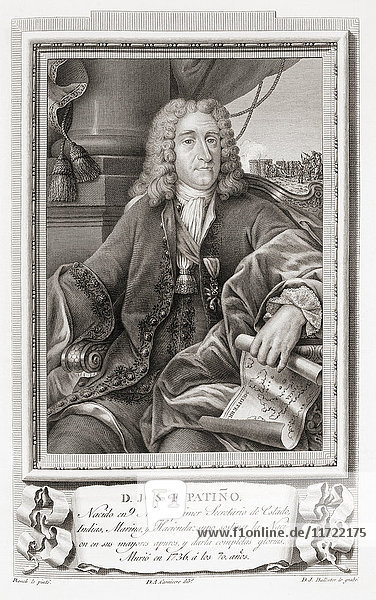 Don José Patiño y Rosales  1666 - 1736. Spanischer Staatsmann  der von 1734 bis 1736 das Amt des Ersten Staatssekretärs von Spanien innehatte. Nach einer Radierung in Retratos de Los Españoles Ilustres  veröffentlicht in Madrid  1791