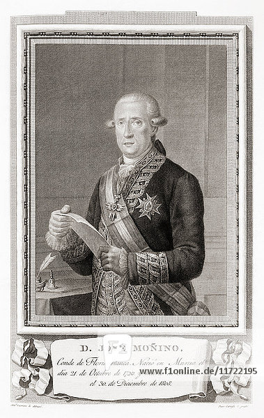 José Moñino y Redondo  Conde de Floridablanca  1728 - 1808. Spanischer Staatsmann und reformorientierter Ministerpräsident von König Karl III. von Spanien. Nach einer Radierung in Retratos de Los Españoles Ilustres  veröffentlicht in Madrid  1791