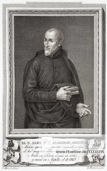 Alfonso (Alphonsus) Salmerón  1515 - 1585. Spanischer Bibelforscher  katholischer Priester und einer der ersten Jesuiten. Nach einer Radierung in Retratos de Los Españoles Ilustres  veröffentlicht in Madrid  1791
