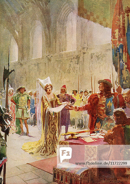 The Court of Claims during the reign of Edward V in the 15th century. This ceremony concerns the hearing of petitioners who claim the right to perform some office at the coronation ceremony of a monarch. From Their Gracious Majesties King George VI and Queen Elizabeth  published 1937.