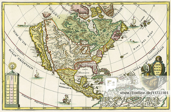 Amerika borealis. Karte von Nordamerika mit Kalifornien als Insel. Aus Heinrich Scherers Geographia hierarchica  einem Teil des siebenbändigen Atlas Novus  der erstmals zwischen 1702 und 1710 veröffentlicht wurde. Die 180 Karten in der Sammlung wurden wahrscheinlich um 1699-1700 erstellt. Diese Karte ist in der Kartusche auf 1699 datiert.