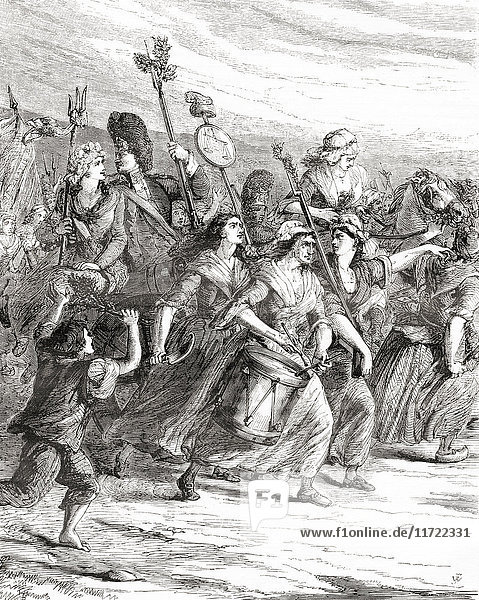 Marsch der Poissardes  der Marktfrauen  nach Versailles am 5. Oktober 1789 während der Französischen Revolution  um Brot und Gerechtigkeit zu fordern. Aus Cassell's Illustrated History of England  veröffentlicht 1861.