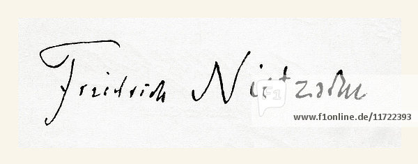 Unterschrift von Friedrich Wilhelm Nietzsche  1844 - 1900. Deutscher Philosoph  Kulturkritiker  Dichter und Philologe. Aus Meyers Lexikon  veröffentlicht 1924.