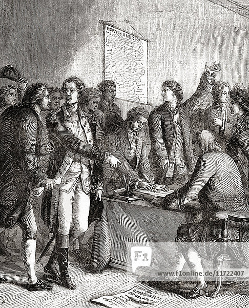 Unterzeichnung der amerikanischen Unabhängigkeitserklärung  Philadelphia  Pennsylvania  USA  1776. Aus Cassell's Illustrated History of England  veröffentlicht 1861.