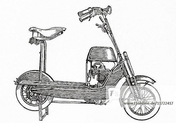 Ein Postler-Motorroller von 1920. Aus Meyers Lexikon  veröffentlicht 1924.