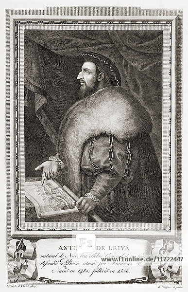 Antonio de Leyva  Herzog von Terranova  Fürst von Ascoli  1480-1536. Spanischer General während der Italienischen Kriege. Nach einer Radierung in Retratos de Los Españoles Ilustres  veröffentlicht in Madrid  1791