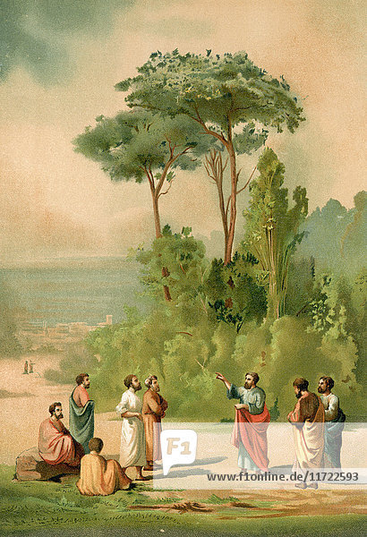 Plato and his disciples in the gardens of the Academy  Athens  Greece. Plato  c.428/427 or 424/423 – 348/347 BC. Philosopher in Classical Greece and the founder of the Academy in Athens  Greece. After a 19th century print.