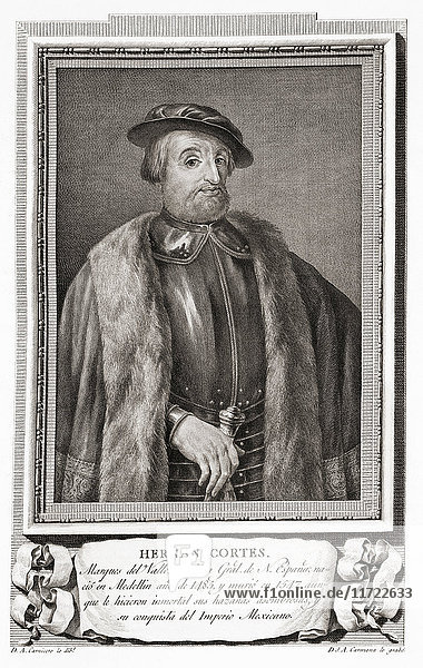 Hernán Cortés de Monroy y Pizarro Altamirano  Markgraf des Tals von Oaxaca  1485 - 1547. Spanischer Eroberer. Nach einer Radierung in Retratos de Los Españoles Ilustres  veröffentlicht in Madrid  1791