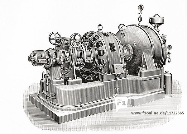 Eine 150-Kilowatt-Turbinenmaschine von Curtis. Aus Meyers Lexikon  veröffentlicht 1924.