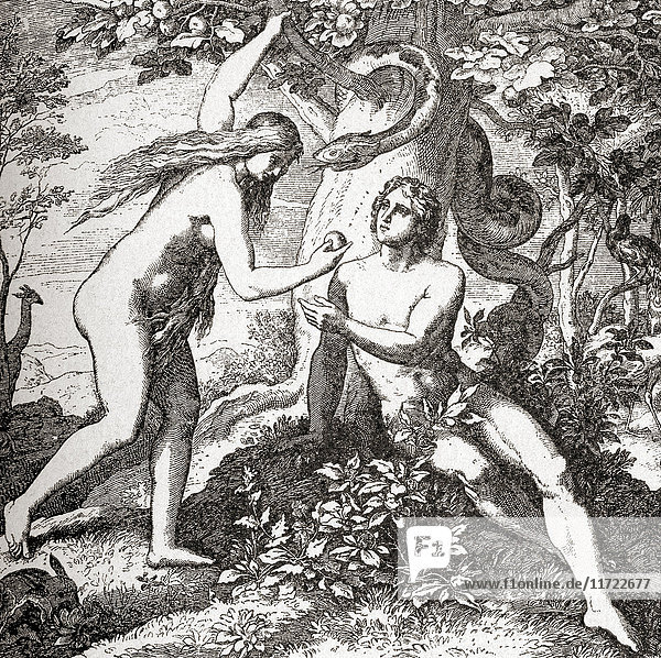 Eva verführt Adam mit dem Apfel im Garten Eden. Aus der Enciclopedia Ilustrada Segui  veröffentlicht um 1900