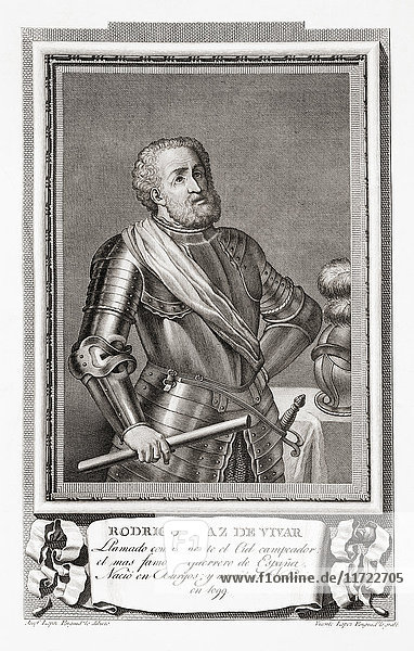 Rodrigo Díaz de Vivar  ca. 1040 - 1099  auch bekannt als El Cid  El Campeador oder Rodrigo. Kastilischer Adliger und militärischer Führer im mittelalterlichen Spanien. Nach einer Radierung in Retratos de Los Españoles Ilustres  veröffentlicht in Madrid  1791