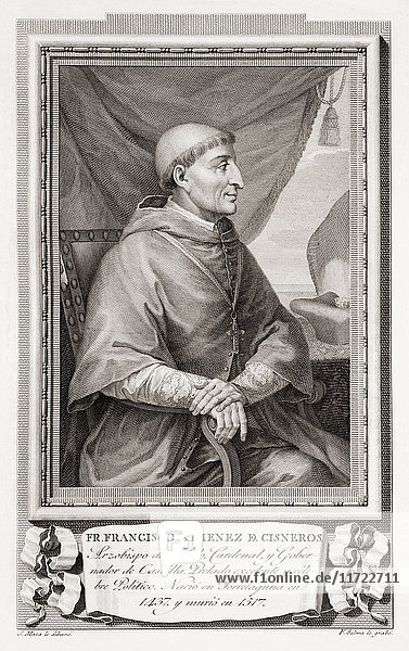 Francisco Jiménez de Cisneros  1436 - 1517  auch bekannt als Ximenes de Cisneros. Spanischer Kardinal  religiöse Persönlichkeit und Staatsmann. Nach einer Radierung in Retratos de Los Españoles Ilustres  veröffentlicht in Madrid  1791