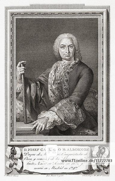 José Carrillo de Albornoz y Montiel  3rd Count of Montemar and 1st Duke of Montemar  1671 –1747. Spanish nobleman and military leader who conquered the Two Sicilies  Oran and Mazalquivir. Viceroy of Sicily in 1734–1737. After an etching in Retratos de Los Españoles Ilustres  published Madrid  1791