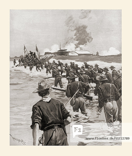Der Angriff auf Fort San Antonio Abad in der Schlacht von Manila während des Spanisch-Amerikanischen Krieges  1898. Aus Harper's Pictorial History of the War With Spain  veröffentlicht 1899.