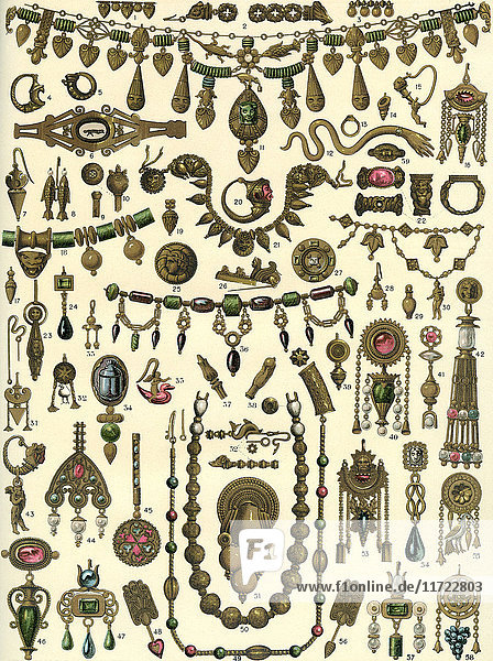 Etruscan jewelry. From Enciclopedia Ilustrada Segui  published c. 1900