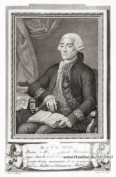 Jorge Juan y Santacilia  1713 - 1773. Spanischer Mathematiker  Wissenschaftler  Seeoffizier und Seefahrer. Nach einer Radierung in Retratos de Los Españoles Ilustres  veröffentlicht in Madrid  1791