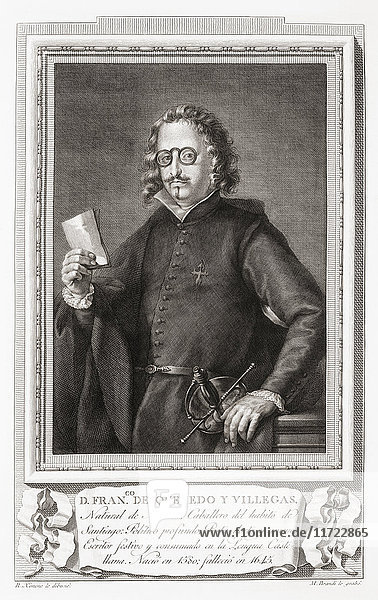 Francisco Gómez de Quevedo y Santibáñez Villegas  1580 - 1645. Spanischer Adliger  Politiker  Dichter und Schriftsteller der Barockzeit. Nach einer Radierung in Retratos de Los Españoles Ilustres  veröffentlicht in Madrid  1791