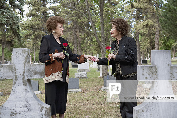 Zwei Frauen halten einzelne rote Rosen an einem Grab auf einem Friedhof; Edmonton  Alberta  Kanada'.