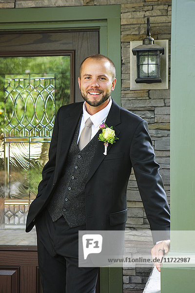 'Portrait of a man wearing a three piece suit and boutonniere; Oregon  United States of America'