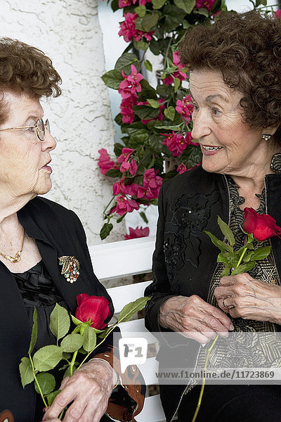 Zwei Frauen  die sich unterhalten und einzelne rote Rosen halten; Edmonton  Alberta  Kanada'.