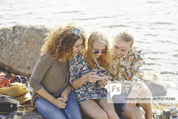 Glückliche Freunde schauen auf ihr Handy