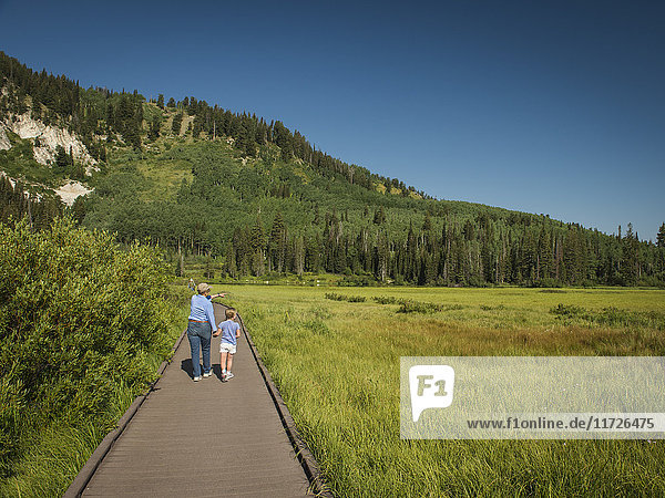 USA  Utah  Lake City  Mädchen (4-5) mit Großmutter spaziert auf der Promenade durch ein Feuchtgebiet