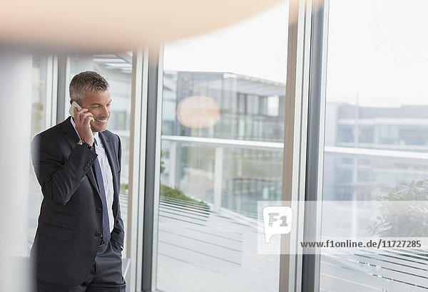 Businessman talking on cell phone at office window