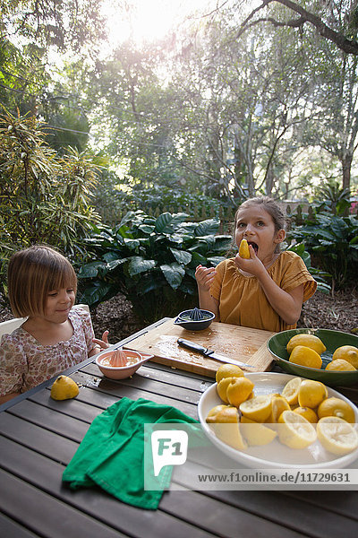 Zwei junge Schwestern bei der Verkostung und Zubereitung von Zitronen für Limonade am Gartentisch