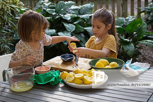 Two young sisters preparing lemon juice for lemonade at garden table