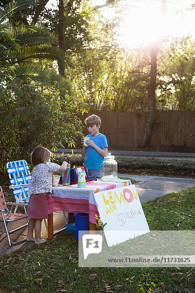 Boy and sister drinking lemonade from lemonade stand in garden