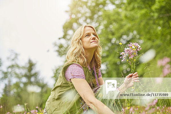 Bildnis einer reifen Frau beim Pflücken von Wildblumen auf einer Wiese