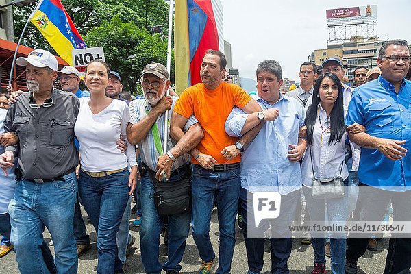 The political leader Maria Corina Machado and other political leaders in the march against the constituent. MUD (Bureau of Unity) marches along with thousands of Venezuelans against the Constituent Assembly in Caracas. May  8. 2017.