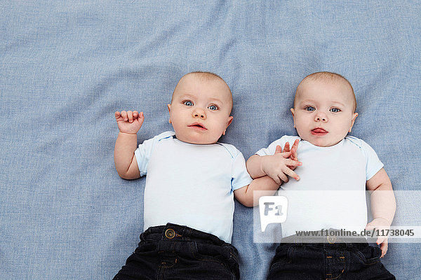 Porträt von zwei kleinen Jungen  die sich auf einer blauen Decke an den Händen halten  Draufsicht