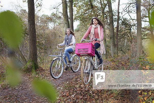 Teenage girls in forest cycling on bicycles with pink crate attached